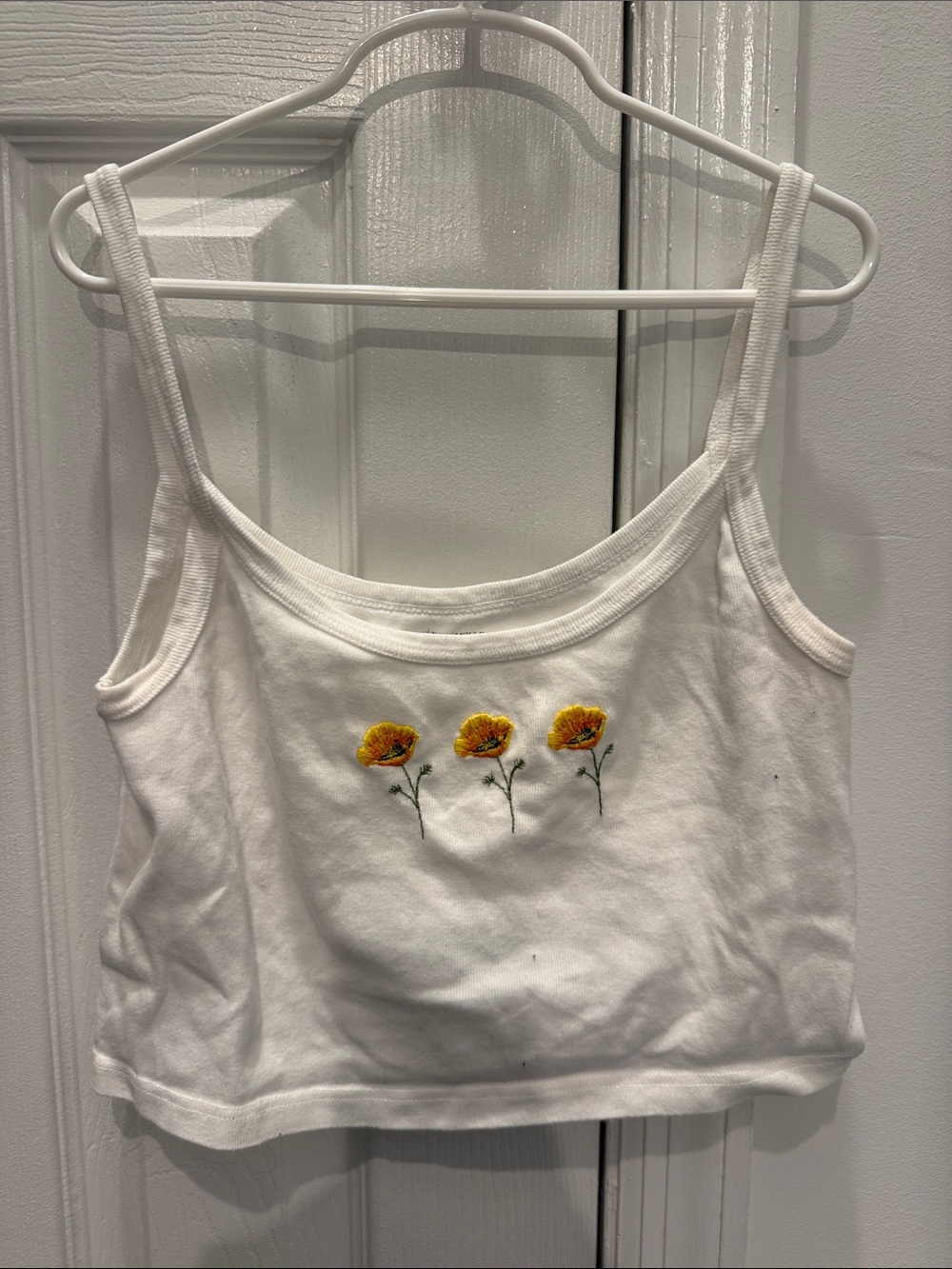Brandy Melville White Cropped Tank with Yellow Floral Embroidery